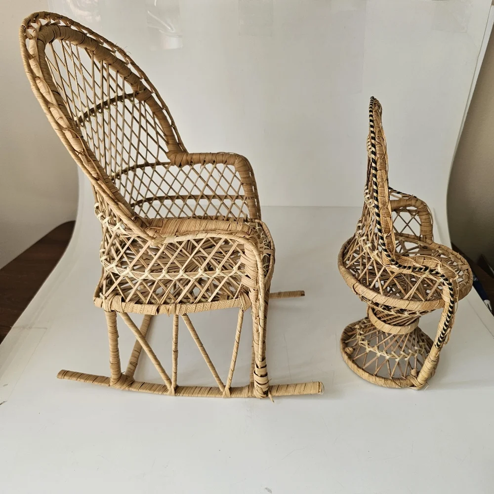 Natural Woven Rattan Wicker Peacock Rocker Chair Set Plant Stand Home Decor